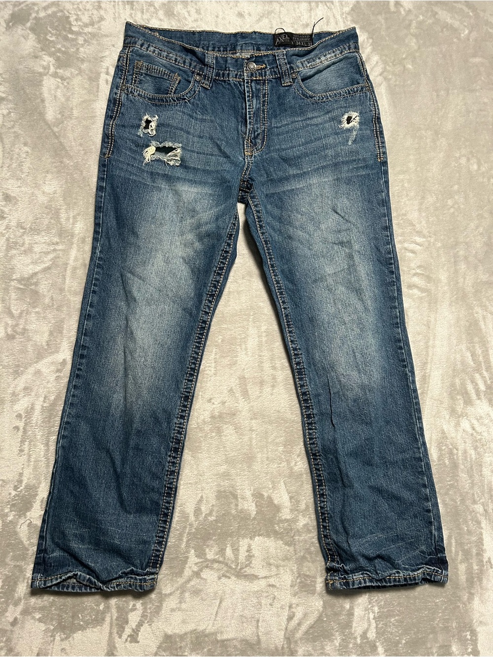 T.K. Axel Relaxed Straight Leg Jeans Men’s 34x32 Distressed Medium Wash Denim
